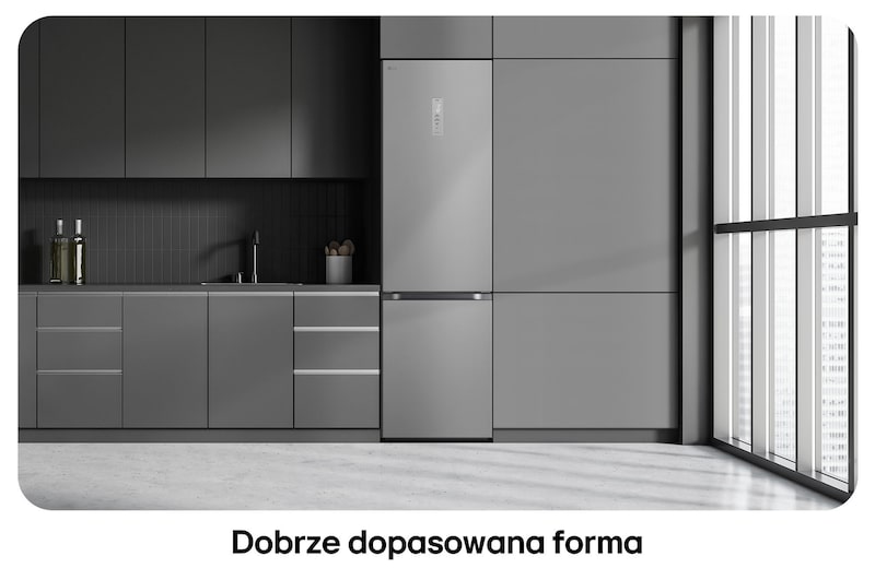 Lodówko-zamrażarka LG GBV7270CPY Prime Silver, pokazuje płaski design 203 cm i idealne dopasowanie do nowoczesnej zabudowy kuchennej.