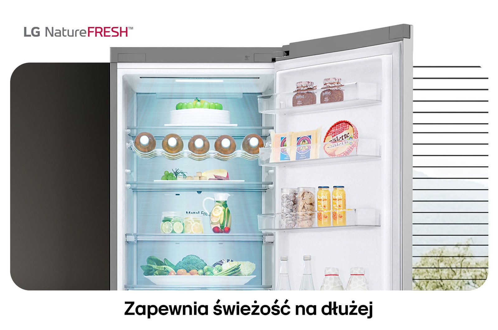 Lodówko-zamrażarka LG GBV7270CPY pokazuje wnętrze NatureFRESH z półką na wino i szufladami na warzywa dla długotrwałej świeżości.