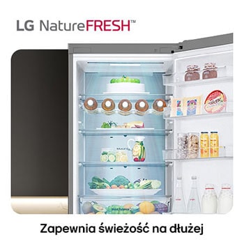 Lodówko-zamrażarka LG GBV7270CPY pokazuje wnętrze NatureFRESH z półką na wino i szufladami na warzywa dla długotrwałej świeżości.