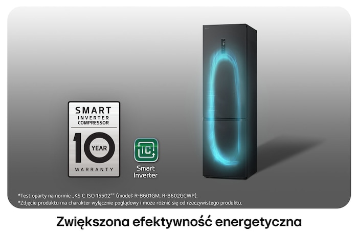 Lodówko-zamrażarka LG GBV7270CEV z logo Smart Inverter Compressor, podkreśla 10-letnią gwarancję i lepszą efektywność energetyczną.