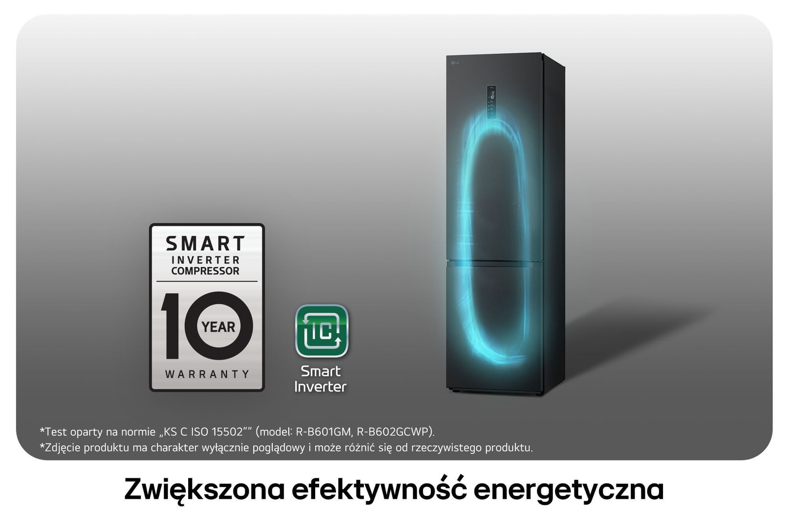 Lodówko-zamrażarka LG GBV7270CEV z logo Smart Inverter Compressor, podkreśla 10-letnią gwarancję i lepszą efektywność energetyczną.