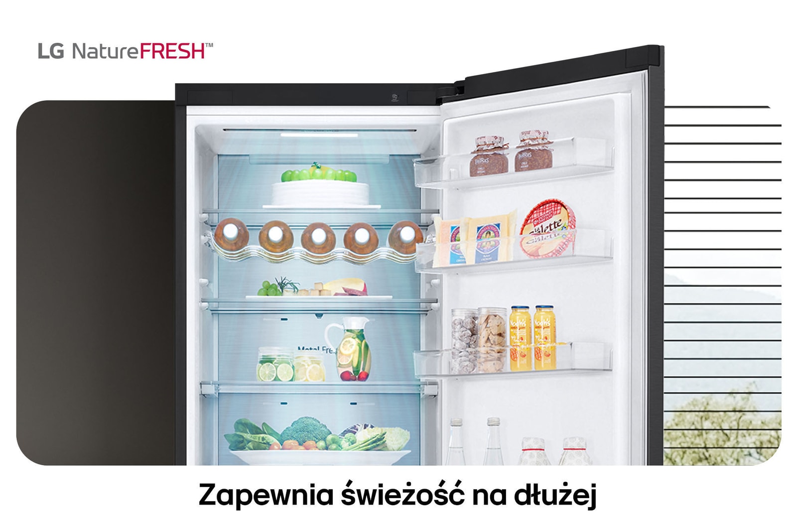 Lodówko-zamrażarka LG GBV7270CEV pokazuje wnętrze NatureFRESH z półką na wino i szufladami na warzywa dla długotrwałej świeżości.