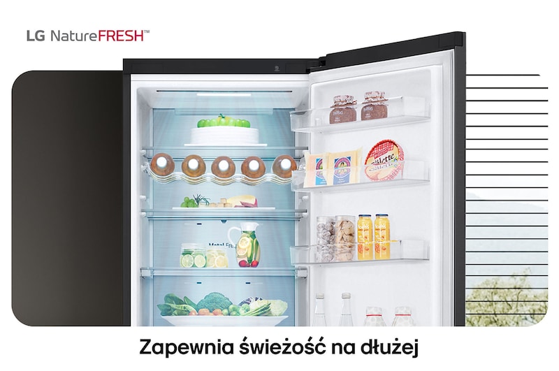 Lodówko-zamrażarka LG GBV7270CEV pokazuje wnętrze NatureFRESH z półką na wino i szufladami na warzywa dla długotrwałej świeżości.
