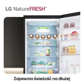 Lodówko-zamrażarka LG GBV7270CEV pokazuje wnętrze NatureFRESH z półką na wino i szufladami na warzywa dla długotrwałej świeżości.