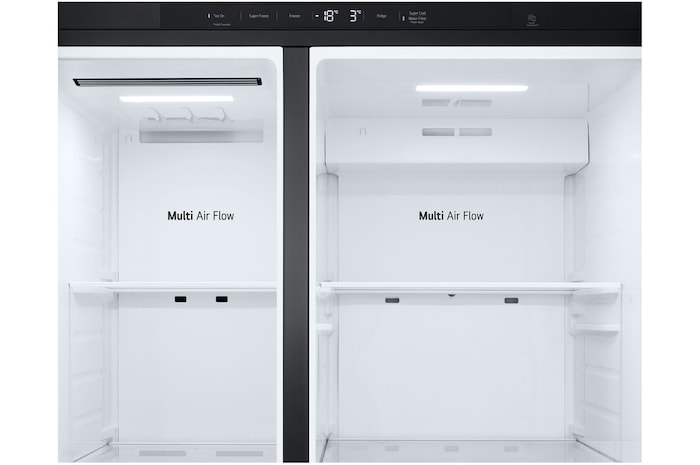 Wewnętrzny detal lodówki LG prezentujący system Multi Air Flow z górnym oświetleniem LED i podwójnymi wlotami powietrza zapewniającymi równomierną cyrkulację chłodu oraz stabilną temperaturę w całej komorze.