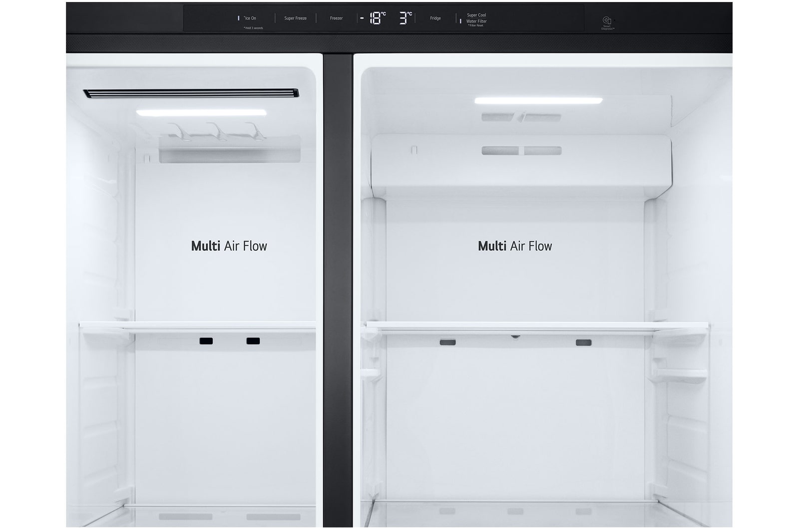 Wewnętrzny detal lodówki LG prezentujący system Multi Air Flow z górnym oświetleniem LED i podwójnymi wlotami powietrza zapewniającymi równomierną cyrkulację chłodu oraz stabilną temperaturę w całej komorze.