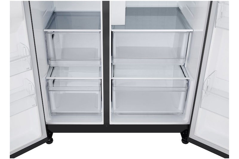 Przestronne dolne szuflady zaprojektowane do wygodnego przechowywania świeżych i mrożonych produktów w lodówce side-by-side LG.
