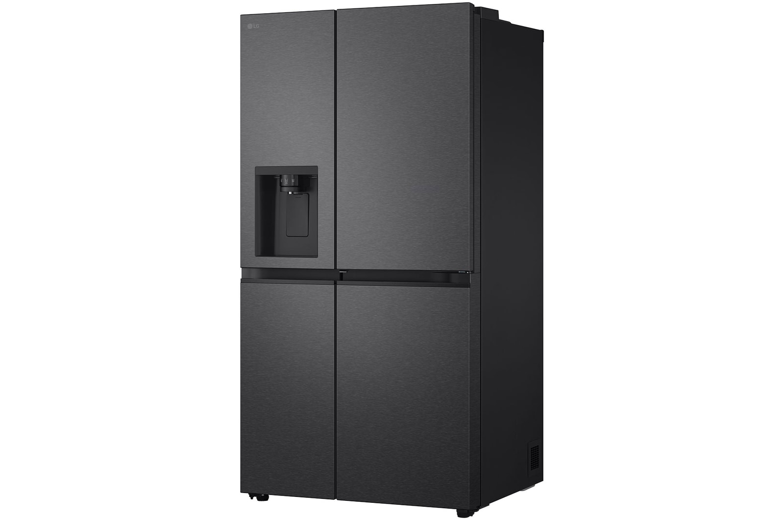 Widok boczny z prawej strony lodówki LG side-by-side z gładkim, jednolitym wzornictwem i płaskimi panelami.