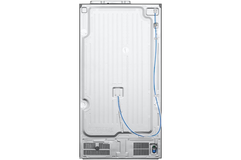 Tylna część lodówki LG side-by-side prezentująca ułożenie systemu chłodzenia i podłączenie przewodu wodnego.