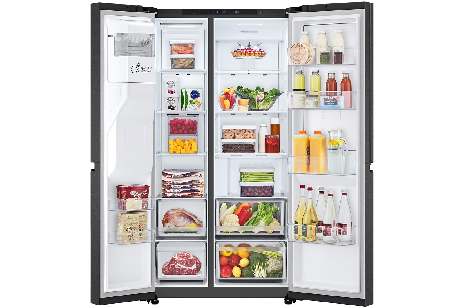 Widok wnętrza lodówki LG side-by-side z otwartymi drzwiami pokazujący szerokie półki, liczne szuflady i pojemne balkony drzwiowe umożliwiające uporządkowane przechowywanie w jasnym oświetleniu LED.