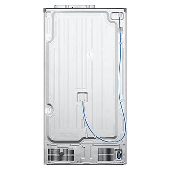 Tylna część lodówki LG side-by-side prezentująca ułożenie systemu chłodzenia i podłączenie przewodu wodnego.