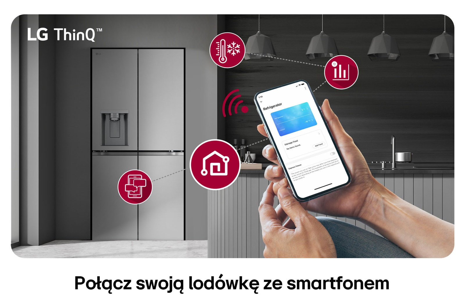 Lodówka Multi-Door LG GML860PYFE w srebrnym wykończeniu, z systemem LG ThinQ™, pokazująca zdalną kontrolę ustawień przez aplikację na smartfonie. 