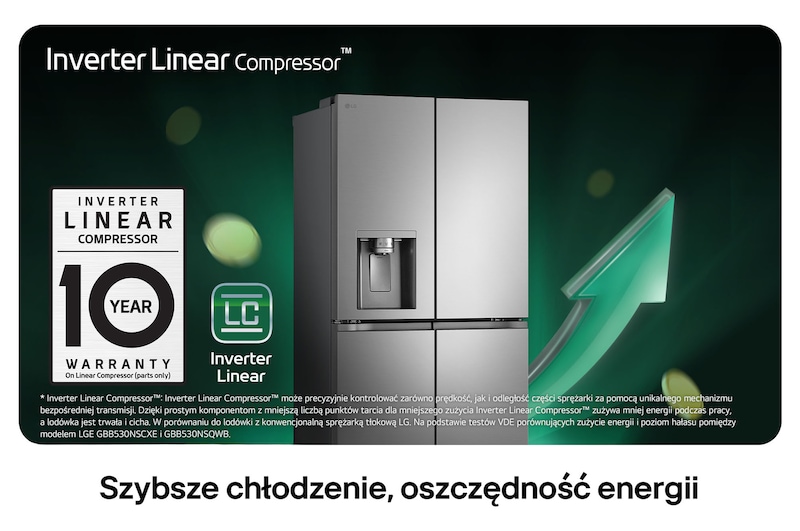 Lodówka Multi-Door LG GML860PYFE w srebrnym wykończeniu, prezentująca technologię Inverter Linear Compressor™ i 10-letnią gwarancję na cichą i wydajną pracę.