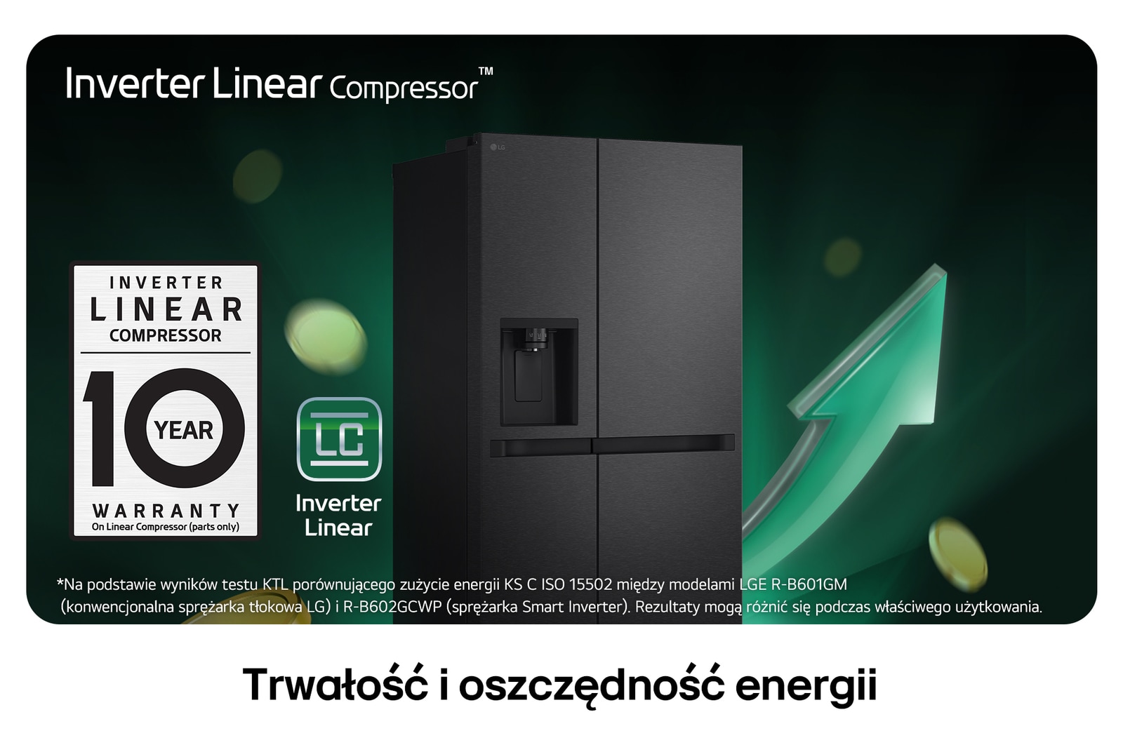 Lodówka Side-by-Side LG GSLC40EPPE w srebrnym wykończeniu prezentująca technologię Inverter Linear Compressor™ i 10-letnią gwarancję na cichą i wydajną pracę.