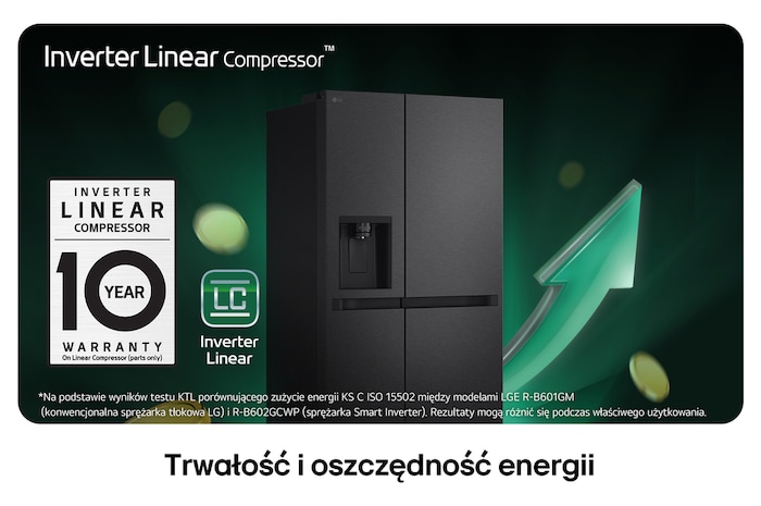 Lodówka Side-by-Side LG GSLC41EPPE w srebrnym wykończeniu prezentująca technologię Inverter Linear Compressor™ i 10-letnią gwarancję na cichą i wydajną pracę.