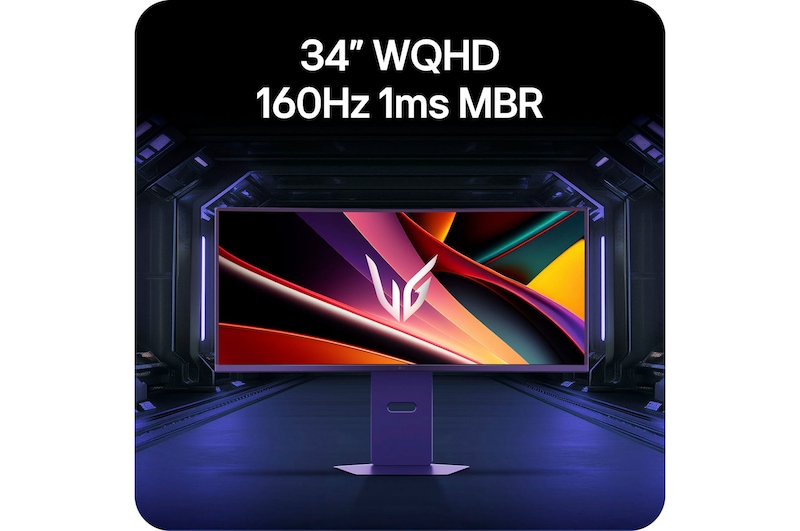 Zakrzywiony Monitor Gamingowy LG UltraGear 34G600A o specyfikacji 34 cale WQHD 160 Hz i 1 ms MBR, zaprezentowany w futurystycznym otoczeniu.