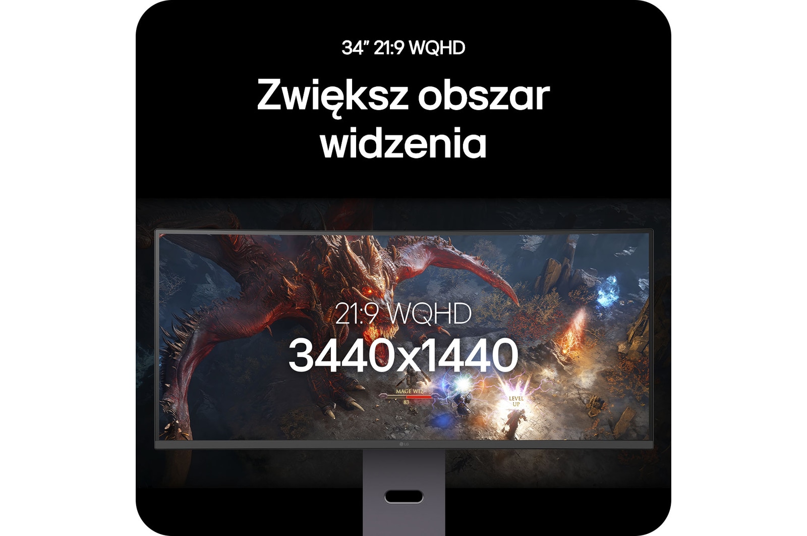 Monitor LG UltraGear 34G600A zapewniający rozszerzony widok w grze dzięki 34-calowemu wyświetlaczowi 21:9 WQHD (rozdzielczość 3440 x 1440).