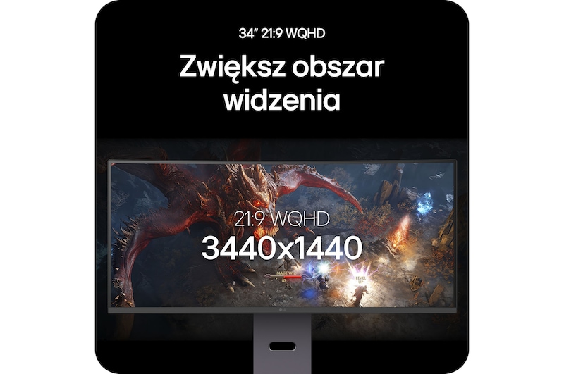 Monitor LG UltraGear 34G600A zapewniający rozszerzony widok w grze dzięki 34-calowemu wyświetlaczowi 21:9 WQHD (rozdzielczość 3440 x 1440).