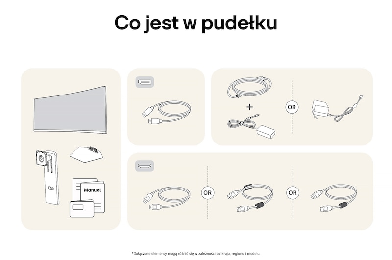 Ilustracja akcesoriów dołączonych do Monitora LG UltraGear 34G600A, zawierająca instrukcję, zasilacz AC oraz opcje dołączonych kabli HDMI lub DisplayPort.