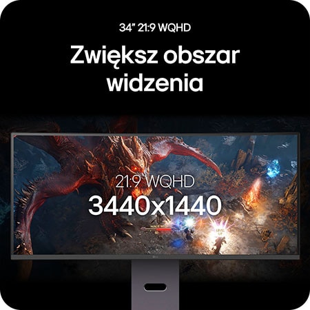 Monitor LG UltraGear 34G600A zapewniający rozszerzony widok w grze dzięki 34-calowemu wyświetlaczowi 21:9 WQHD (rozdzielczość 3440 x 1440).
