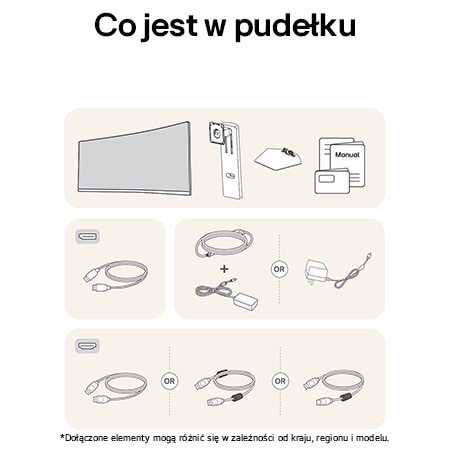 Ilustracja akcesoriów dołączonych do Monitora LG UltraGear 34G600A, zawierająca instrukcję, zasilacz AC oraz opcje dołączonych kabli HDMI lub DisplayPort.