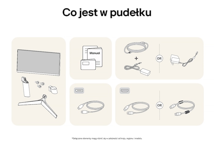 Ilustracja akcesoriów dołączonych do Monitora LG UltraGear 24GS60F, zawierająca instrukcję, zasilacz AC oraz opcje dołączonych kabli HDMI lub DisplayPort.