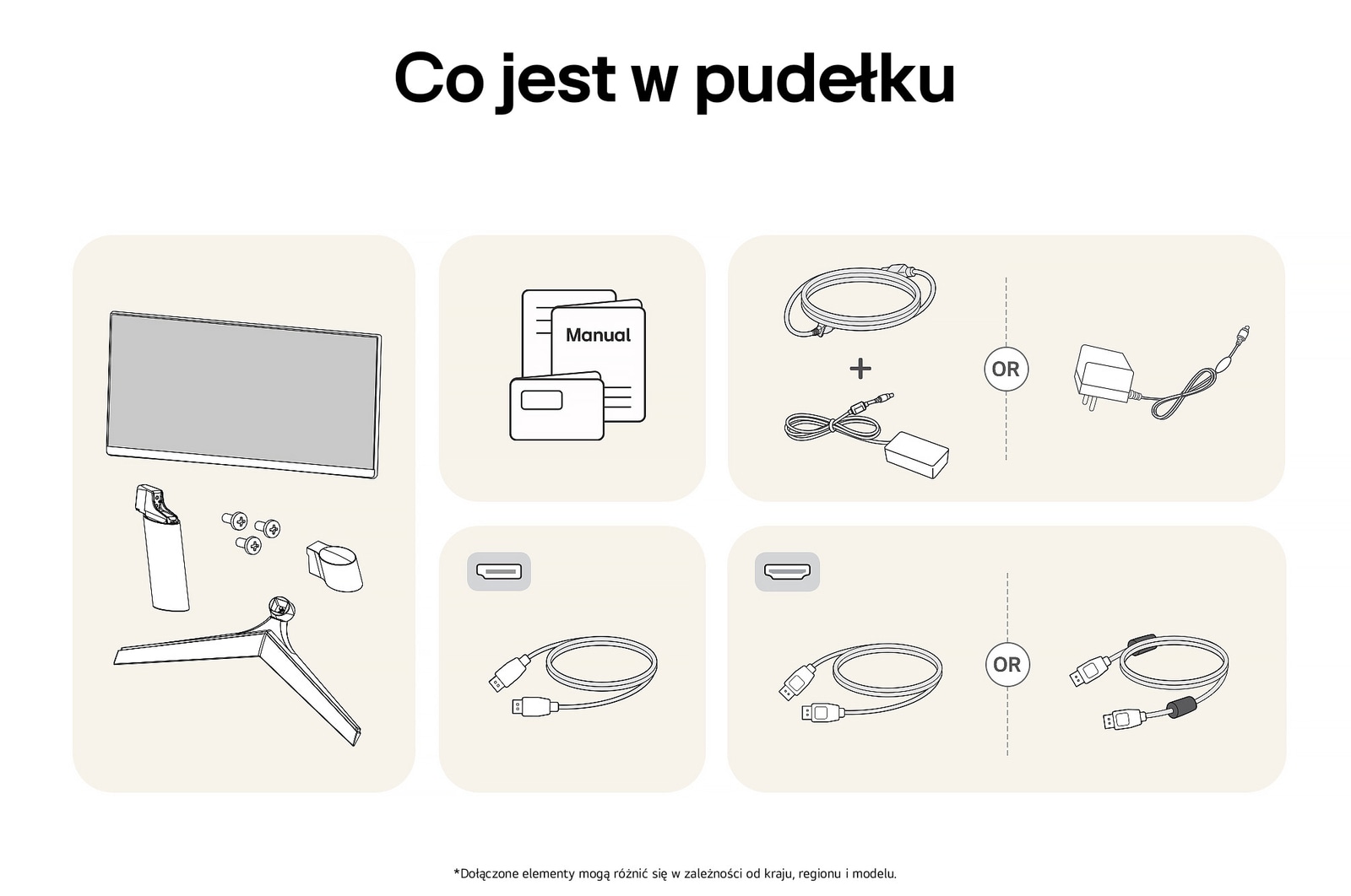 Ilustracja akcesoriów dołączonych do Monitora LG UltraGear 24GS60F, zawierająca instrukcję, zasilacz AC oraz opcje dołączonych kabli HDMI lub DisplayPort.