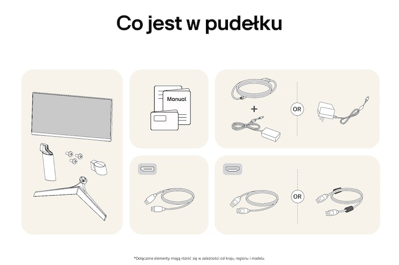 Ilustracja akcesoriów dołączonych do Monitora LG UltraGear 24GS60F, zawierająca instrukcję, zasilacz AC oraz opcje dołączonych kabli HDMI lub DisplayPort.