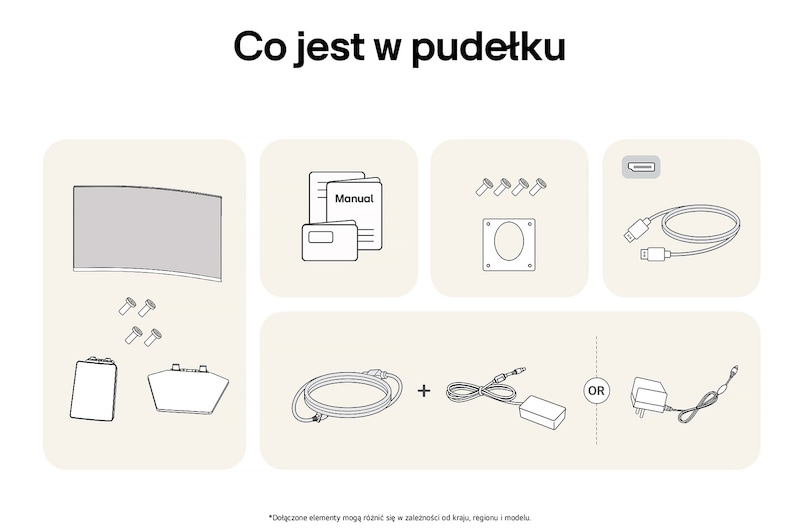 Ilustracja akcesoriów dołączonych do Monitora LG UltraGear 32GS60QC, zawierająca instrukcję, zasilacz AC oraz opcje dołączonych kabli HDMI lub DisplayPort.