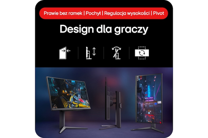 Monitor Gamingowy LG UltraGear 27GS75Q-B prezentujący Design Zorientowany na Gracza z Bezramkową Konstrukcją, Pochylaniem, Regulacją Wysokości i funkcją Pivot.