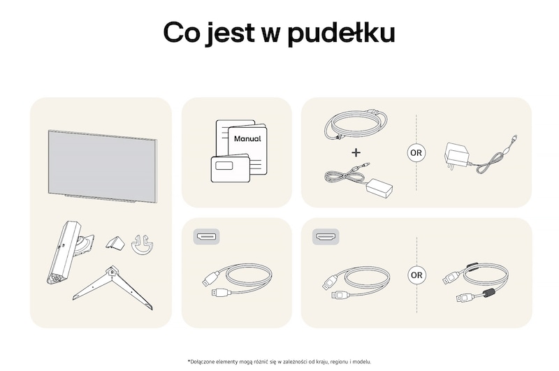 Monitor Gamingowy LG UltraGear 27GS75Q-B przedstawia przegląd wszystkich dołączonych elementów, w tym korpus monitora, części stojaka, instrukcję oraz kable HDMI, DP i USB.