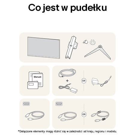 Monitor Gamingowy LG UltraGear 32GS75Q przedstawia przegląd wszystkich dołączonych elementów, w tym korpus monitora, części stojaka, instrukcję oraz kable HDMI i DP.