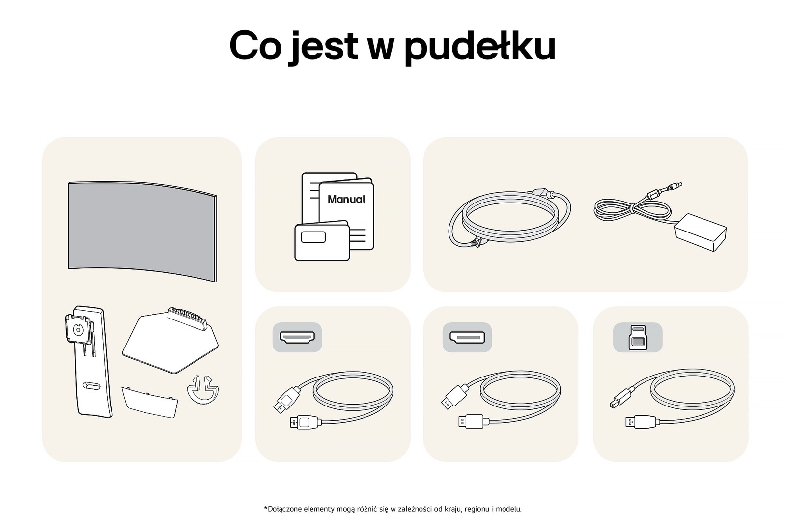 Monitor Gamingowy LG UltraGear 34GS95QE przedstawia przegląd wszystkich dołączonych elementów, w tym korpus monitora, części stojaka, instrukcję oraz kable HDMI, DP i USB.