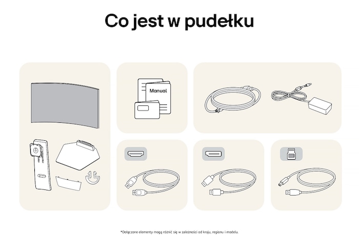 Monitor Gamingowy LG UltraGear 39GS95QE przedstawia przegląd wszystkich dołączonych elementów, w tym korpus monitora, części stojaka, instrukcję oraz kable HDMI, DP i USB.