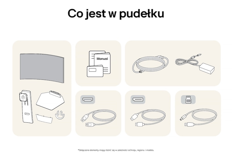 Monitor Gamingowy LG UltraGear 39GS95QE przedstawia przegląd wszystkich dołączonych elementów, w tym korpus monitora, części stojaka, instrukcję oraz kable HDMI, DP i USB.