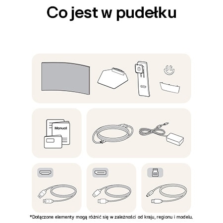 Monitor Gamingowy LG UltraGear 39GS95QE przedstawia przegląd wszystkich dołączonych elementów, w tym korpus monitora, części stojaka, instrukcję oraz kable HDMI, DP i USB.