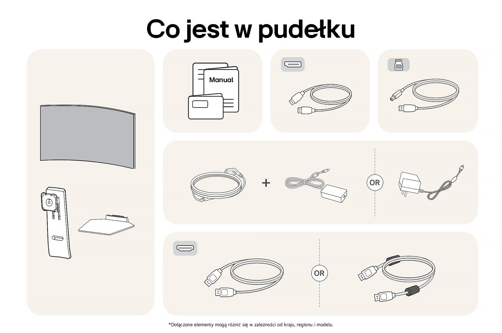 Monitor Gamingowy LG UltraGear 45GS95QE-B przedstawia przegląd wszystkich dołączonych elementów, w tym korpus monitora, części stojaka, instrukcję oraz kable HDMI, DP i USB.