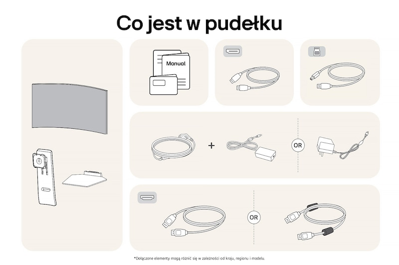 Monitor Gamingowy LG UltraGear 45GS95QE-B przedstawia przegląd wszystkich dołączonych elementów, w tym korpus monitora, części stojaka, instrukcję oraz kable HDMI, DP i USB.