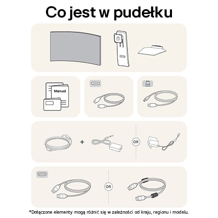 Monitor Gamingowy LG UltraGear 45GS95QE-B przedstawia przegląd wszystkich dołączonych elementów, w tym korpus monitora, części stojaka, instrukcję oraz kable HDMI, DP i USB.