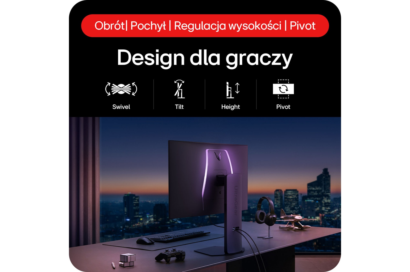 Monitor Gamingowy LG UltraGear 32GS95UV-B, prezentujący ultymatywny design gamingowy z minimalistyczną podstawą i oświetleniem UltraGear stworzony do zwycięstwa.