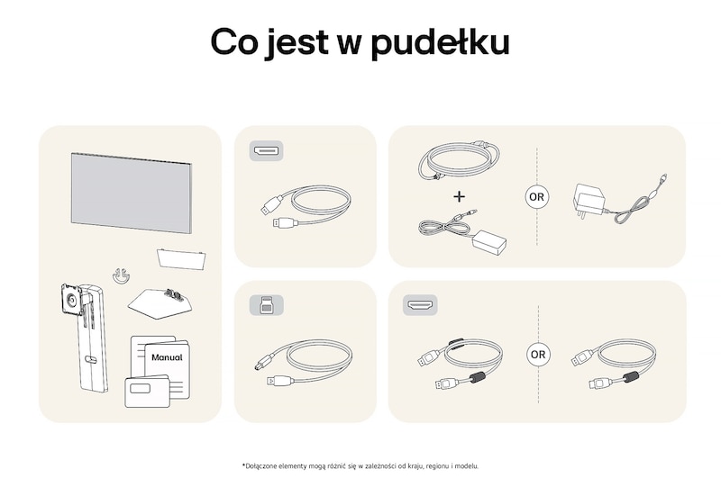 Ilustracja akcesoriów dołączonych do Monitora LG UltraGear 32GS95UV-B, zawierająca instrukcję, zasilacz AC oraz opcje dołączonych kabli HDMI lub DisplayPort.