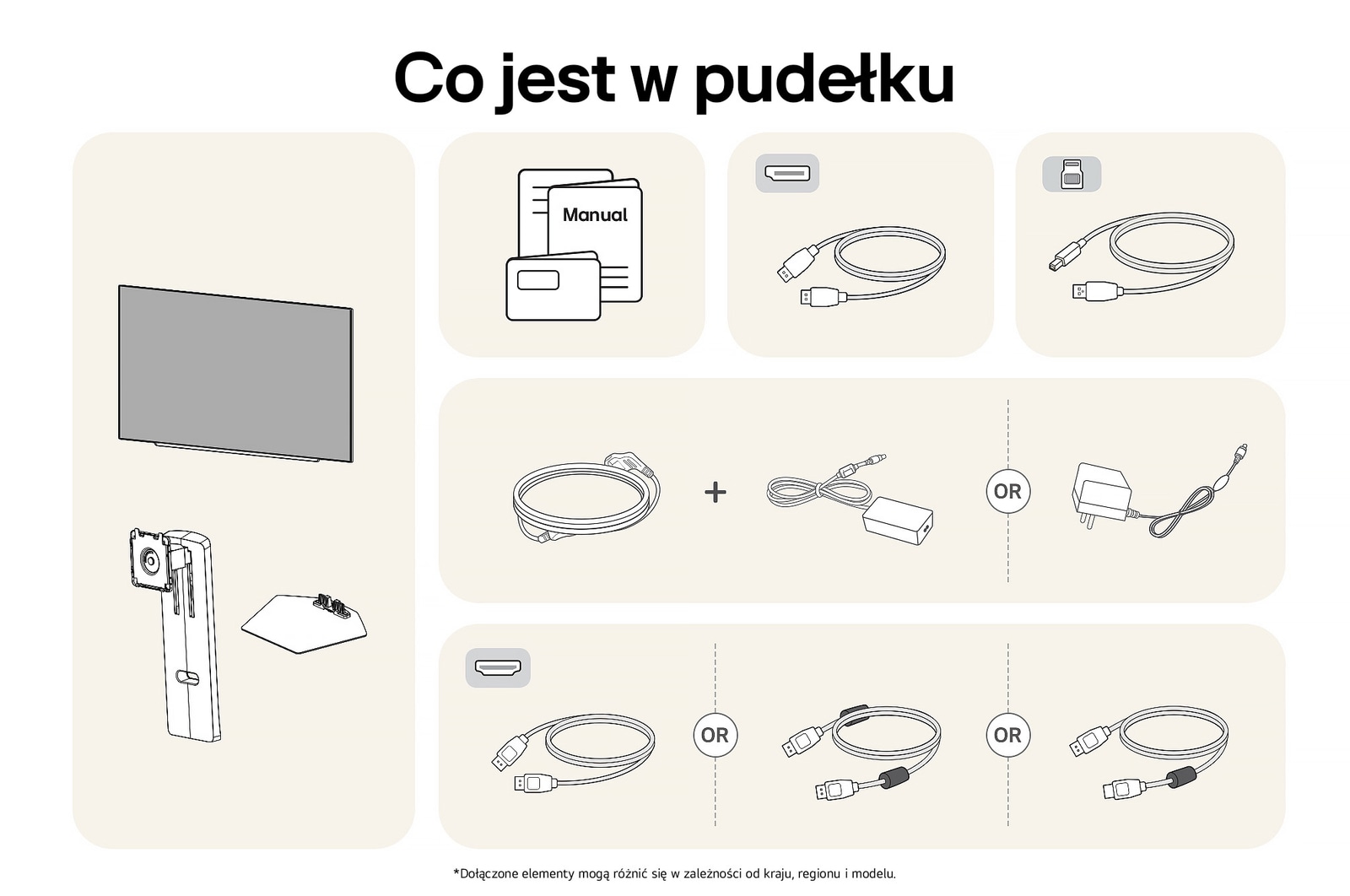 Monitor LG 27GX790A przedstawiający przegląd wszystkich dołączonych elementów, w tym korpus monitora, części stojaka, instrukcję, zasilacz oraz kable HDMI i DP.