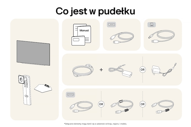 Monitor LG 27GX790A przedstawiający przegląd wszystkich dołączonych elementów, w tym korpus monitora, części stojaka, instrukcję, zasilacz oraz kable HDMI i DP.