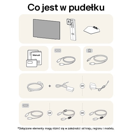 Monitor LG 27GX790A przedstawiający przegląd wszystkich dołączonych elementów, w tym korpus monitora, części stojaka, instrukcję, zasilacz oraz kable HDMI i DP.