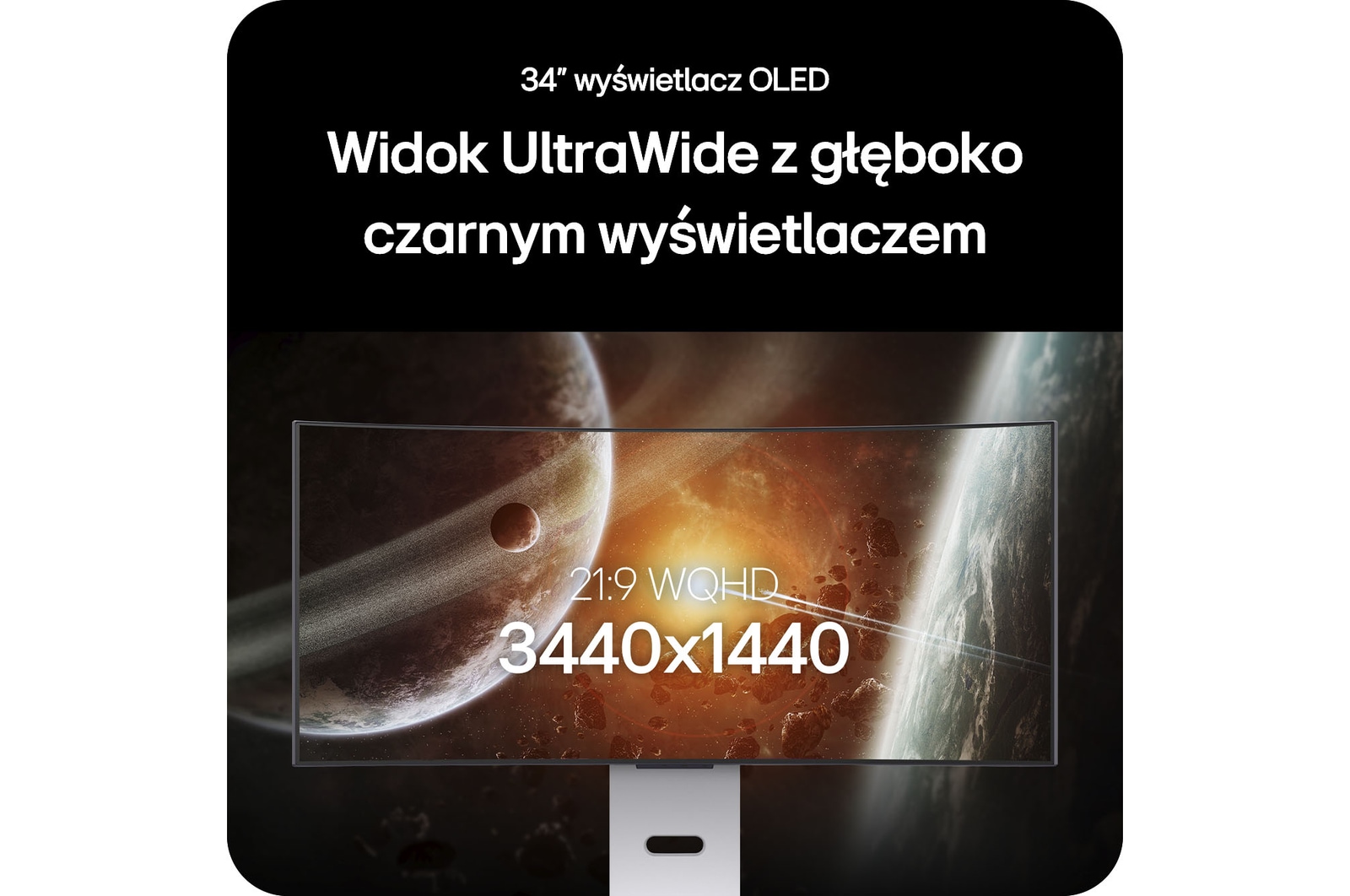 Monitor LG 34GX90SA prezentujący 34-calowy wyświetlacz OLED UltraWide, podkreślając rozdzielczość 21:9 WQHD (3440x1440) i technologię głębokiej czerni OLED dla imponującego obrazu.