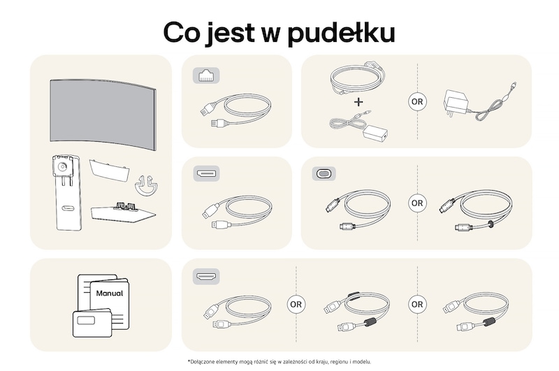 Monitor LG 34GX90SA przedstawiający przegląd wszystkich dołączonych elementów, w tym korpus monitora, części stojaka, instrukcję, zasilacz oraz kable USB-C, DP i HDMI.