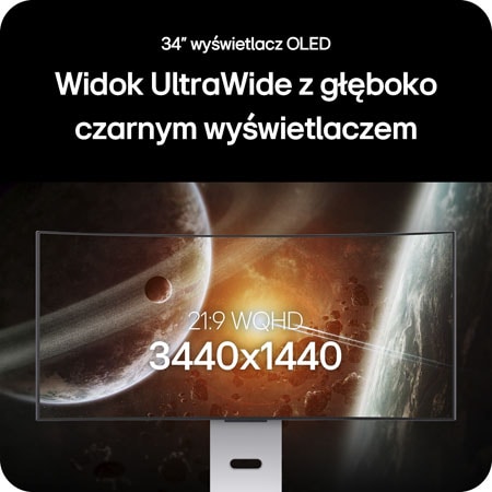 Monitor LG 34GX90SA prezentujący 34-calowy wyświetlacz OLED UltraWide, podkreślając rozdzielczość 21:9 WQHD (3440x1440) i technologię głębokiej czerni OLED dla imponującego obrazu.