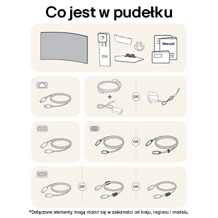 Monitor LG 34GX90SA przedstawiający przegląd wszystkich dołączonych elementów, w tym korpus monitora, części stojaka, instrukcję, zasilacz oraz kable USB-C, DP i HDMI.