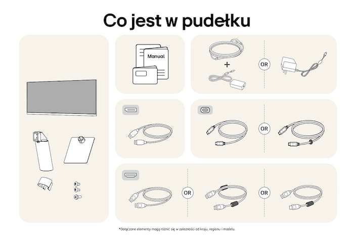 Monitor LG 29U511A przedstawiający przegląd wszystkich dołączonych elementów, w tym korpus monitora, części stojaka, instrukcję oraz kable HDMI, DP i USB-C.