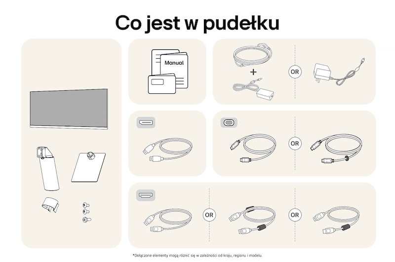 Monitor LG 29U511A przedstawiający przegląd wszystkich dołączonych elementów, w tym korpus monitora, części stojaka, instrukcję oraz kable HDMI, DP i USB-C.